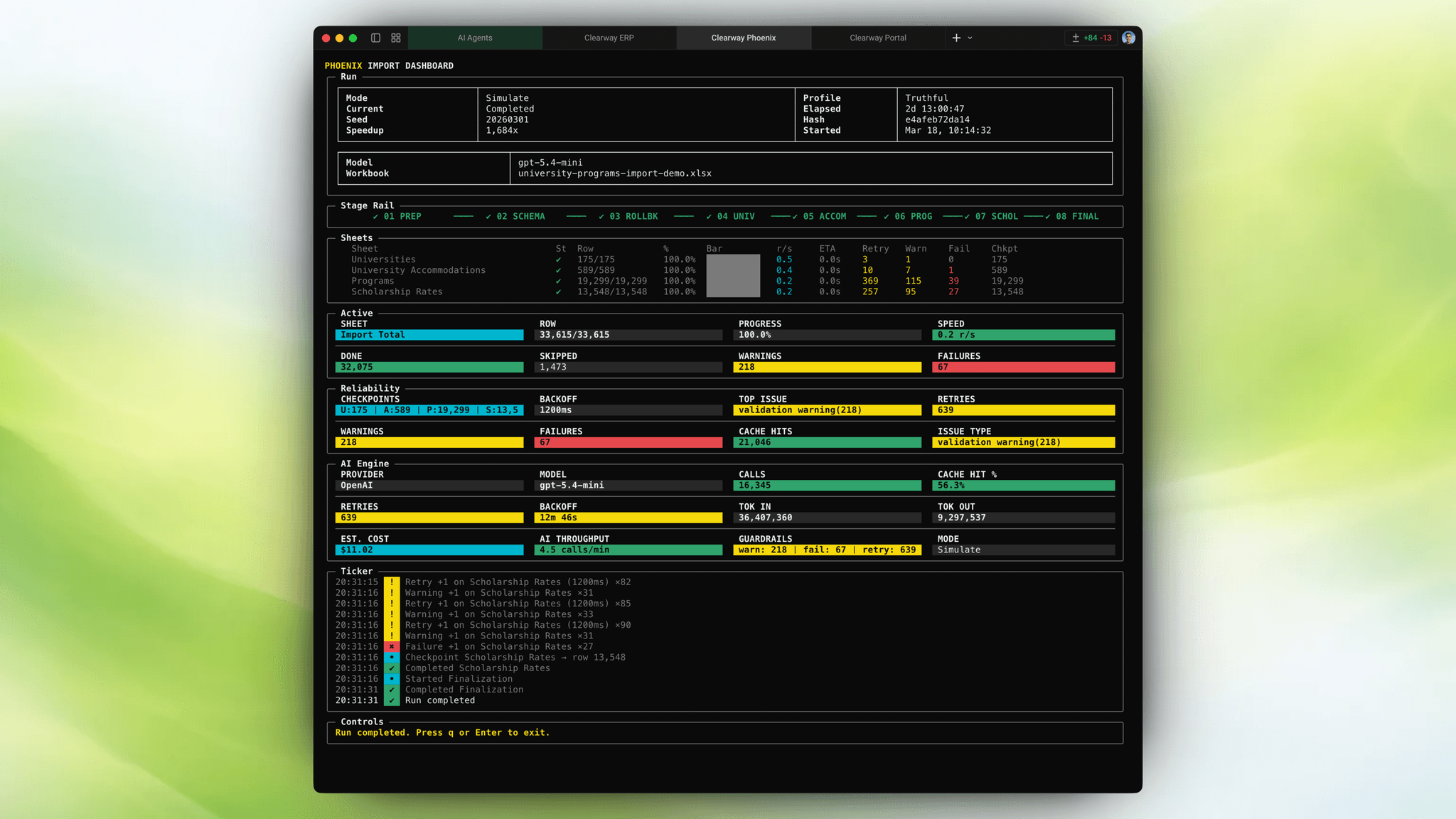 Completed ETL dashboard with stage rail, reliability panels, and final cost.
